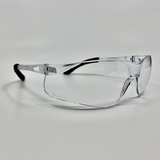 Side view of clear safety glasses with rubberized tips