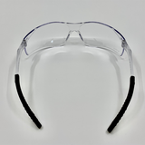 Angled view of clear anti-fog safety glasses