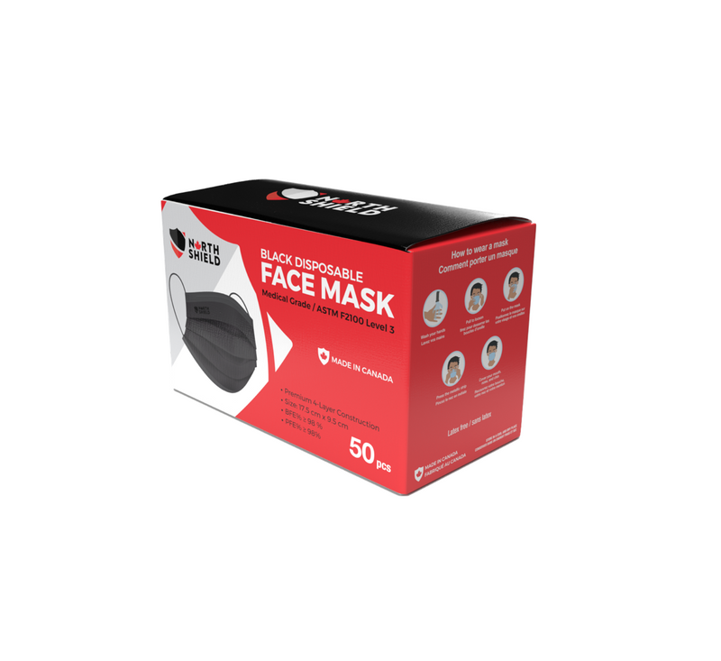 North Shield Black 4-Ply ASTM Level 3 Surgical Mask - Box of 50