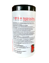 Back label of QT-San 75% isopropyl alcohol wipes canister