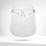 Front view of clear anti-fog face shield with frame